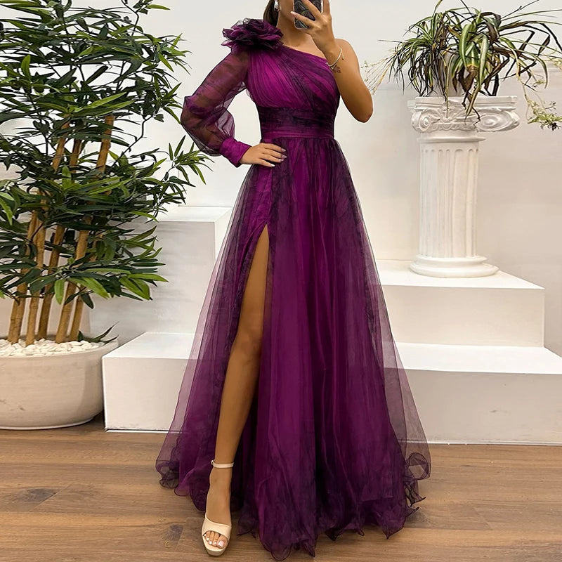 Women’s Asymmetrical One-Shoulder Evening Gown – High Waist, Mesh Overlay