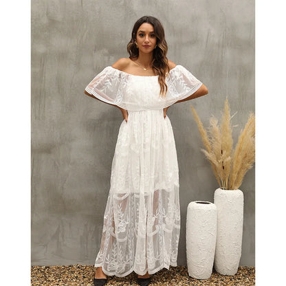 Women’s Embroidered Lace Maxi Dress – Elegant White Boho Beach Style