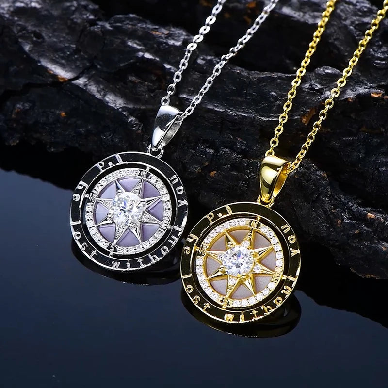 Women’s Sterling Silver Compass Necklace – 6.5mm Cubic Zirconia Pendant