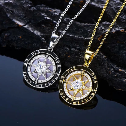 Women’s Sterling Silver Compass Necklace – 6.5mm Cubic Zirconia Pendant