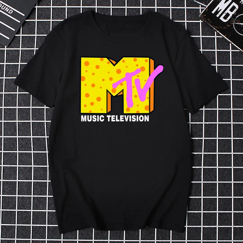 Men’s 80s Graphic T – Shirt – Retro Music Print Tee – Black Neon Print – M