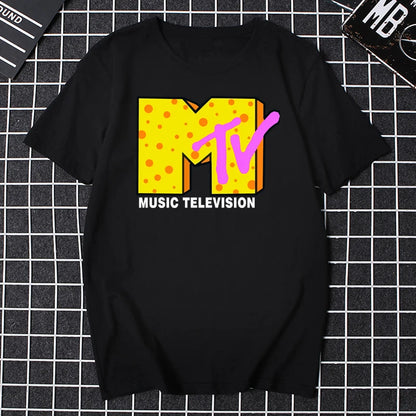 Men’s 80s Graphic T – Shirt – Retro Music Print Tee – Black Neon Print – M