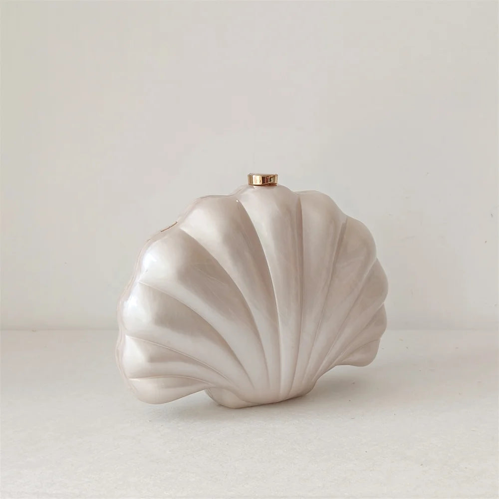 Shell Clutch Evening Bag – Beaded Handle, Formal Elegance