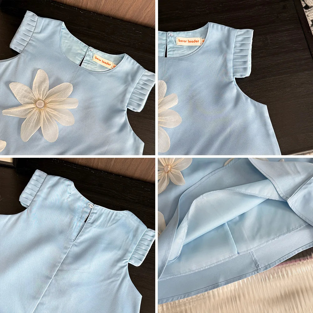 Girls’ 3D Flower A-Line Dress – Sleeveless, Knee Length