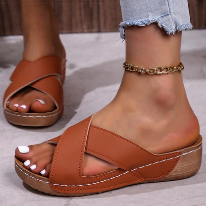 Women’s Crossover Wedge Sandals – Slip – on Summer Comfort – White – 42