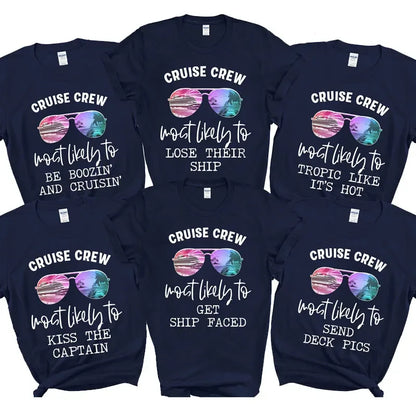 Set of navy blue t-shirts with humorous cruise-themed sayings and sunglasses graphics.