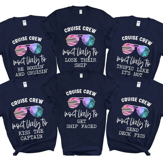 Set of navy blue t-shirts with humorous cruise-themed sayings and sunglasses graphics.