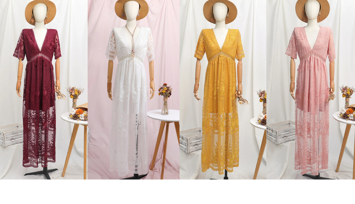 Women’s Embroidered Lace Maxi Dress – Elegant White Boho Beach Style