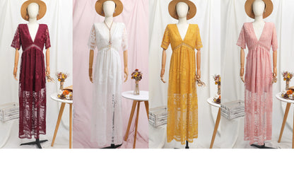 Women’s Embroidered Lace Maxi Dress – Elegant White Boho Beach Style