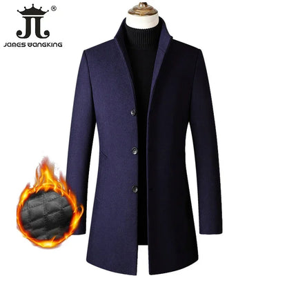 Men’s Wool-Blend Winter Overcoat – Stand Collar, Slim Long Coat