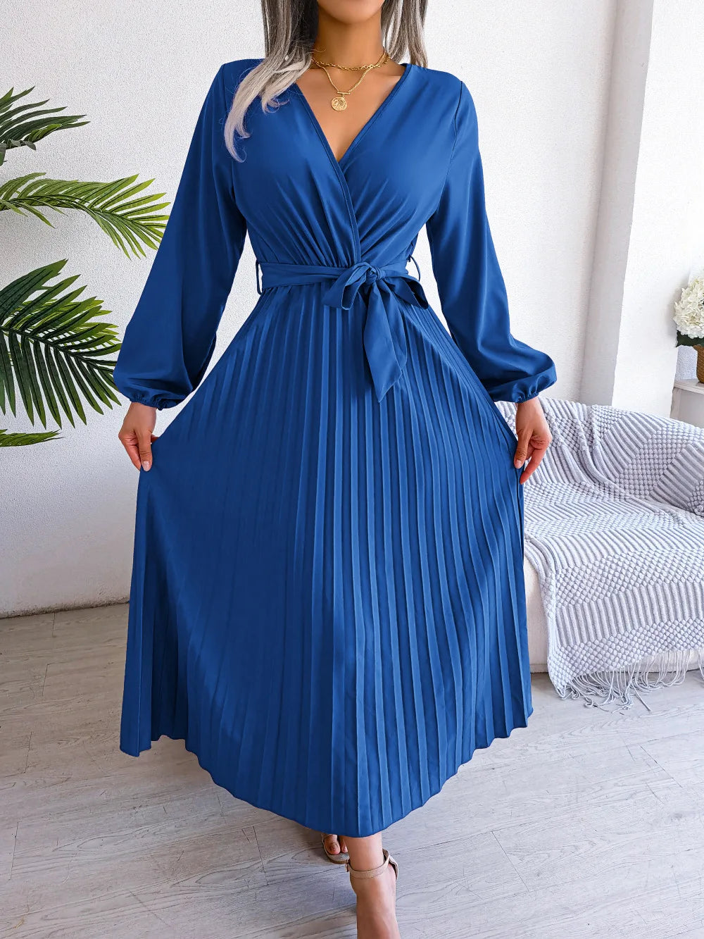 Women’s Pleated V-Neck Maxi Dress – Long Sleeve, Belted Waist