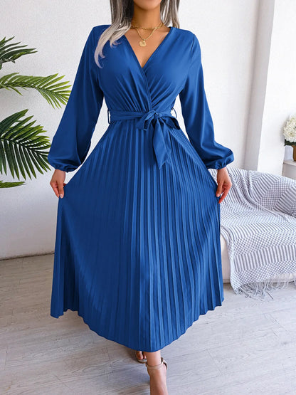 Women’s Pleated V-Neck Maxi Dress – Long Sleeve, Belted Waist