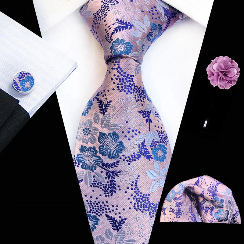 Men’s Floral Necktie Set – Tie, Pocket Square & Cufflinks