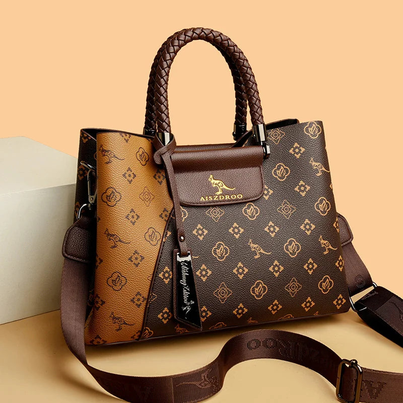 Elegant Pattern Tote – Kangaroo Brown Shoulder Handbag with Braided Handle