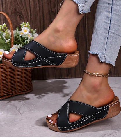 Women’s Crossover Wedge Sandals – Slip – on Summer Comfort – Gray – 37