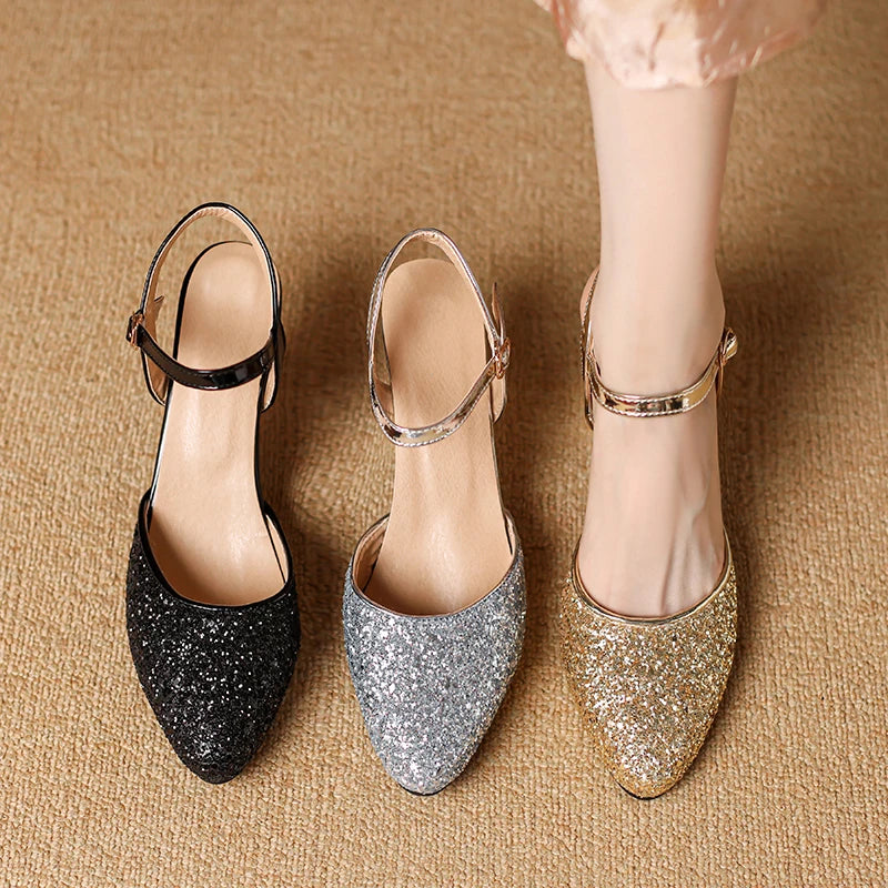 Women's Glitter Closed-Toe Kitten Heels with Ankle Strap