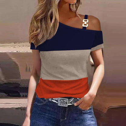 Striped Geometric Off-Shoulder Top – Summer Casual Blouse