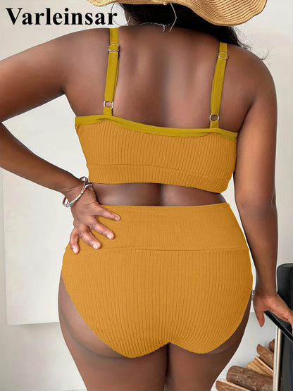 Women’s Plus Size Ribbed Bikini Set – High Waist, Crisscross Top