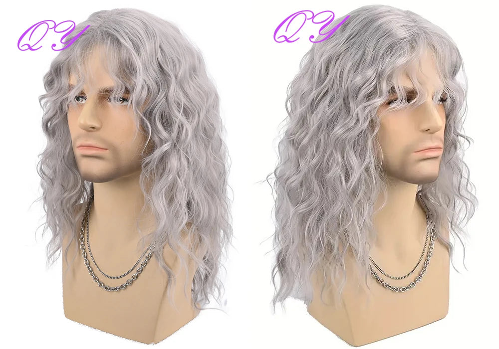 Synthetic Men Wig Natural Curly Dark Brown Color Male Wig With Bangs Water Wave Daily or Cosplay Adjustable Man Hair Wig