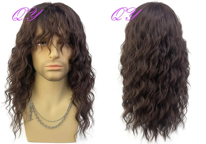 Synthetic Men Wig Natural Curly Dark Brown Color Male Wig With Bangs Water Wave Daily or Cosplay Adjustable Man Hair Wig