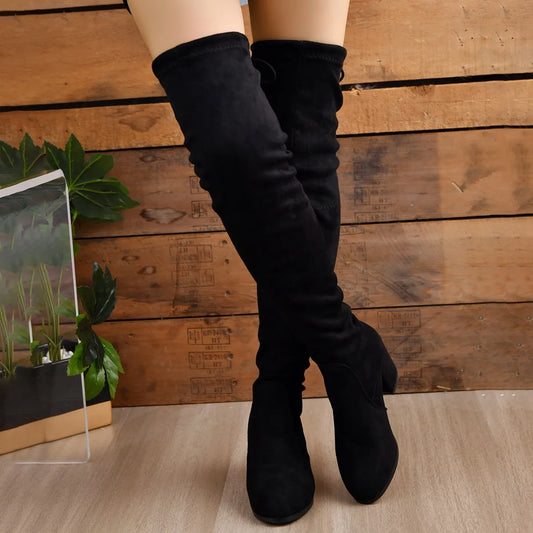 Women’s Over-the-Knee Boots – Black Faux Suede, Square Heel