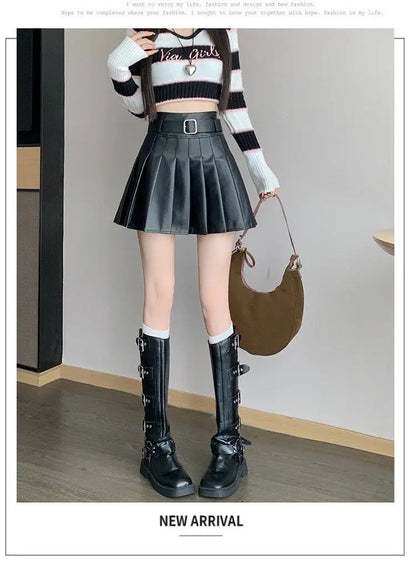 Women’s Pleated PU Mini Skirt with Belt – High-Waist, A-Line