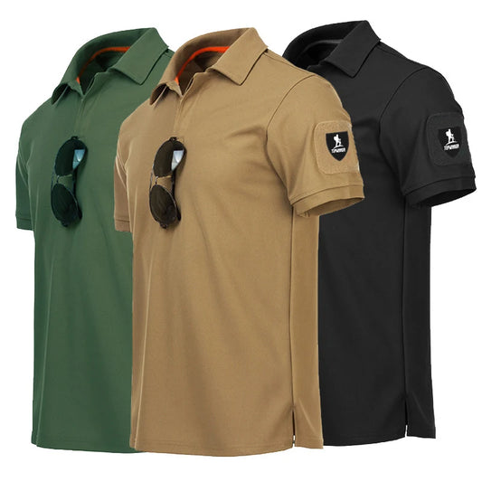 Three polo shirts in green, brown, and black with sunglasses on a white background
