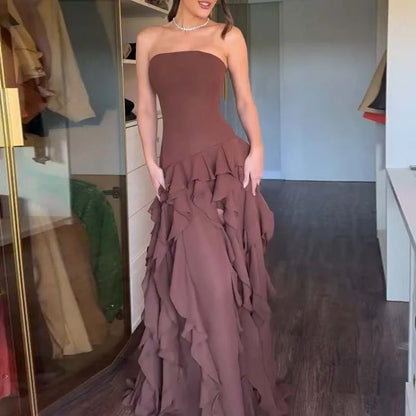 Vestidos Elegant Ruffle Slit Ball Gowns Dresses Woman Sexy Strapless Slim Long Dess Summer Sleeveless Backless Hollow Maxi Dress