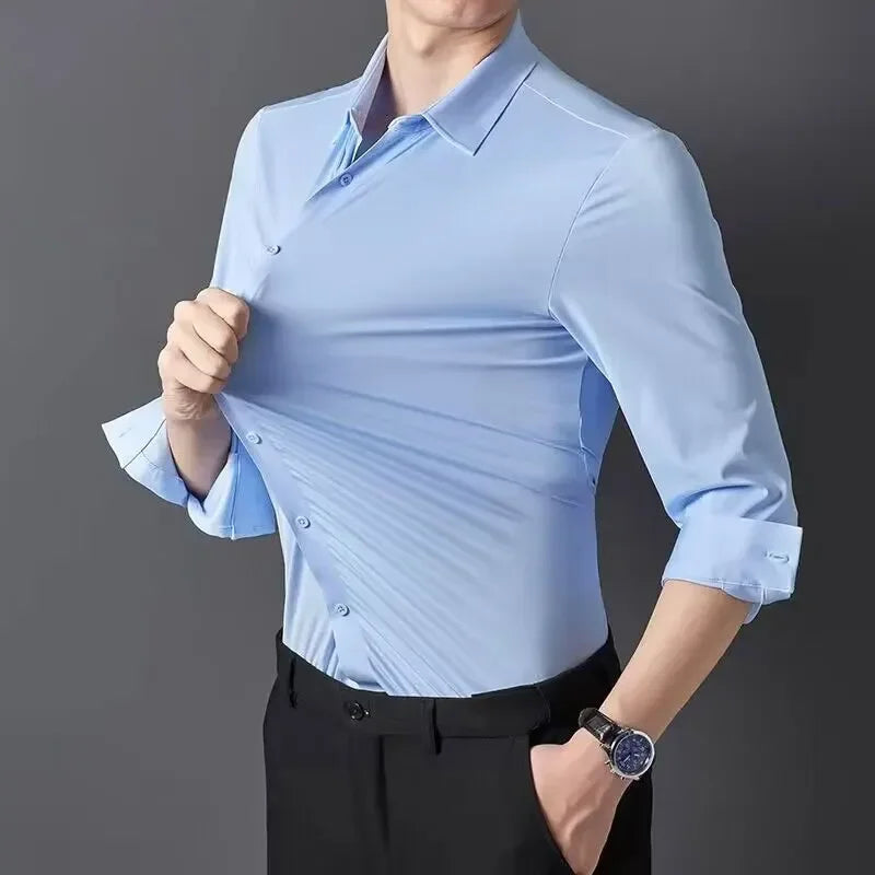 Men’s Ultra-Stretch Long-Sleeve Shirt – Silky Feel, Smart Casual Fit