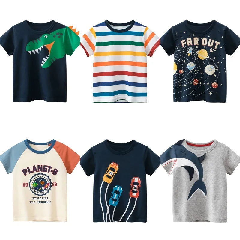 Collection of children's t-shirts with various designs on a white background