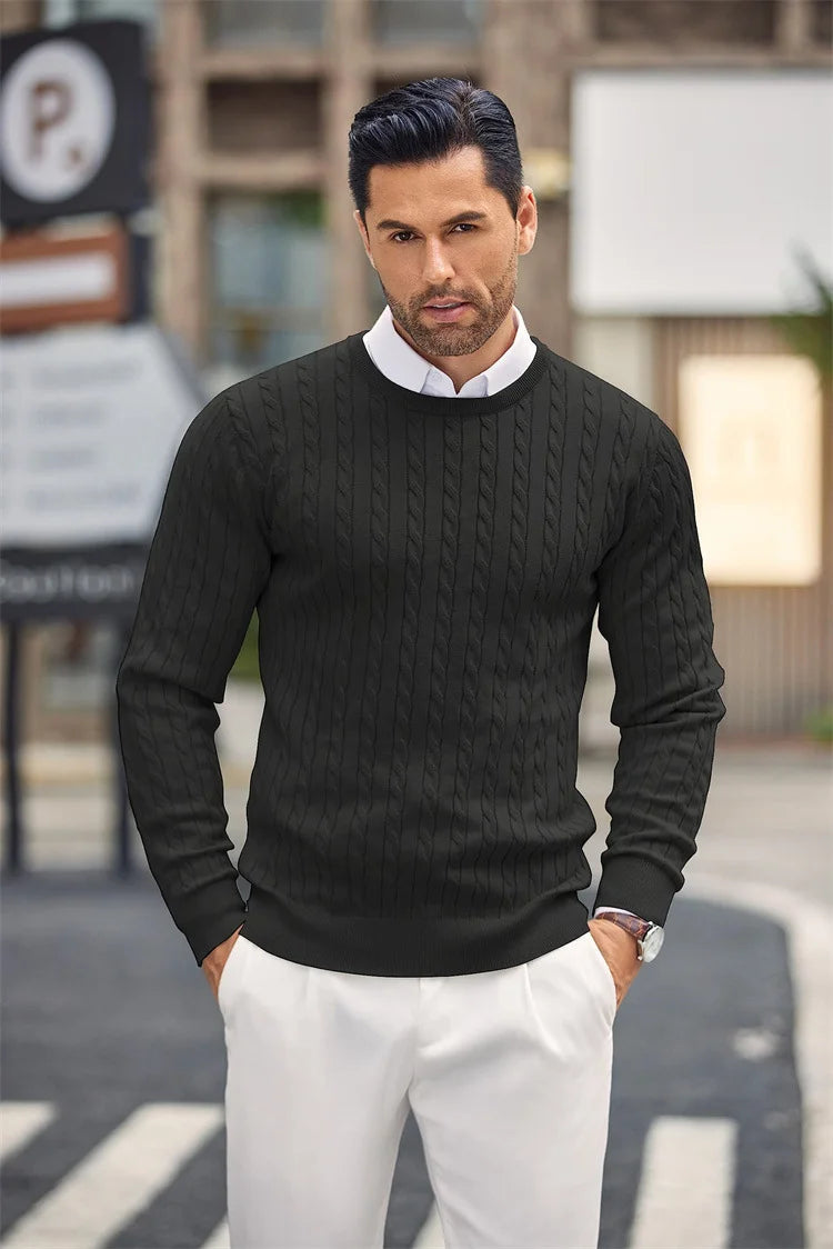 Men’s Cable Knit Pullover Sweater – Classic Crew Neck