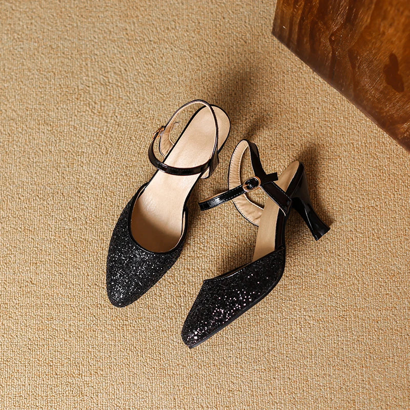 Women's Glitter Closed-Toe Kitten Heels with Ankle Strap