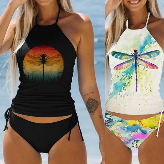 Two swimsuits with dragonfly designs on a beach background