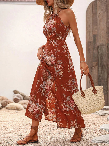 Women’s Floral High-Slit Halter Dress – Sleeveless, Summer Maxi