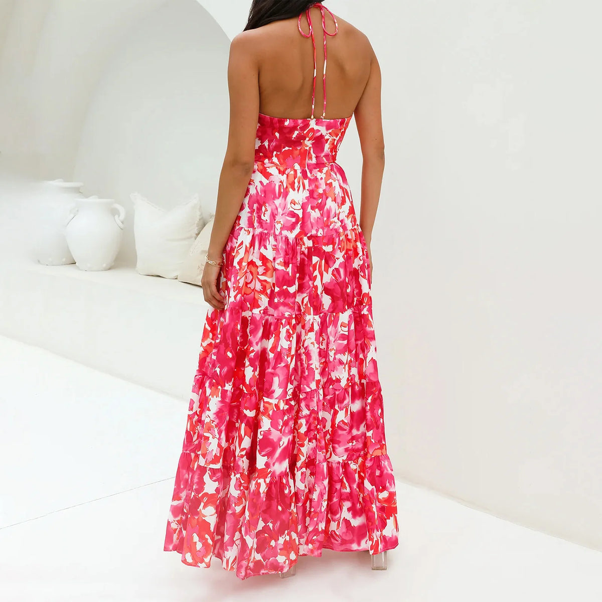 Floral Halter Backless Maxi Dress