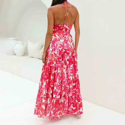 Floral Halter Backless Maxi Dress