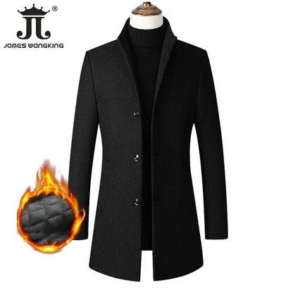Men’s Wool-Blend Winter Overcoat – Stand Collar, Slim Long Coat
