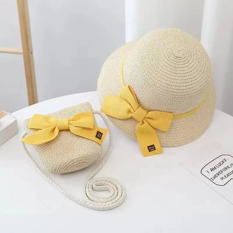 Kids Straw Hat & Bag Set – Summer Bow Sun Hat with Matching Crossbody Purse