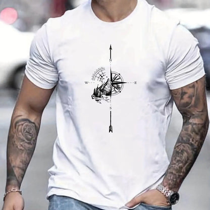 Men’s Cotton Compass Graphic T – Shirt – Lightweight Travel Comfort – Plain White – M