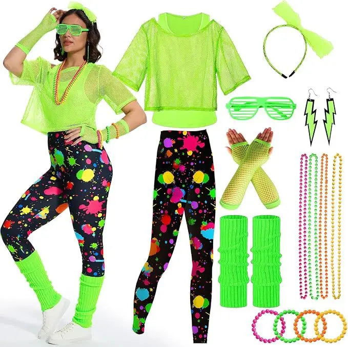 Women’s 80s Workout Outfit Set – Neon Mesh Top & Leggings – Green Tie-dye – L