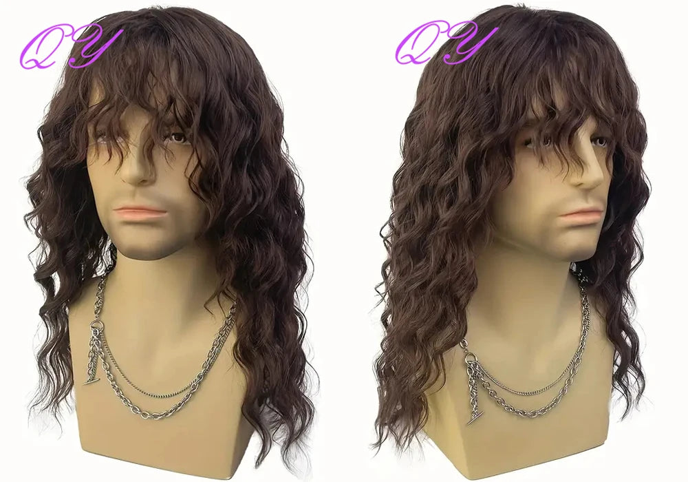 Synthetic Men Wig Natural Curly Dark Brown Color Male Wig With Bangs Water Wave Daily or Cosplay Adjustable Man Hair Wig