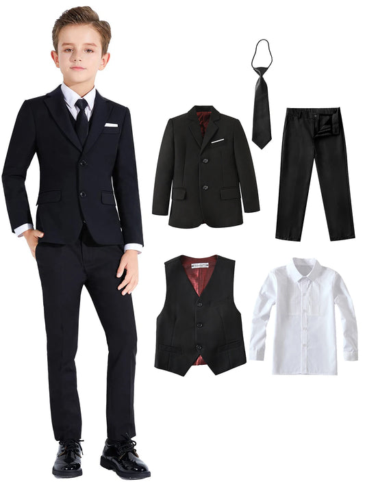 5-piece kids suit set — jacket, vest, shirt, pants, tie