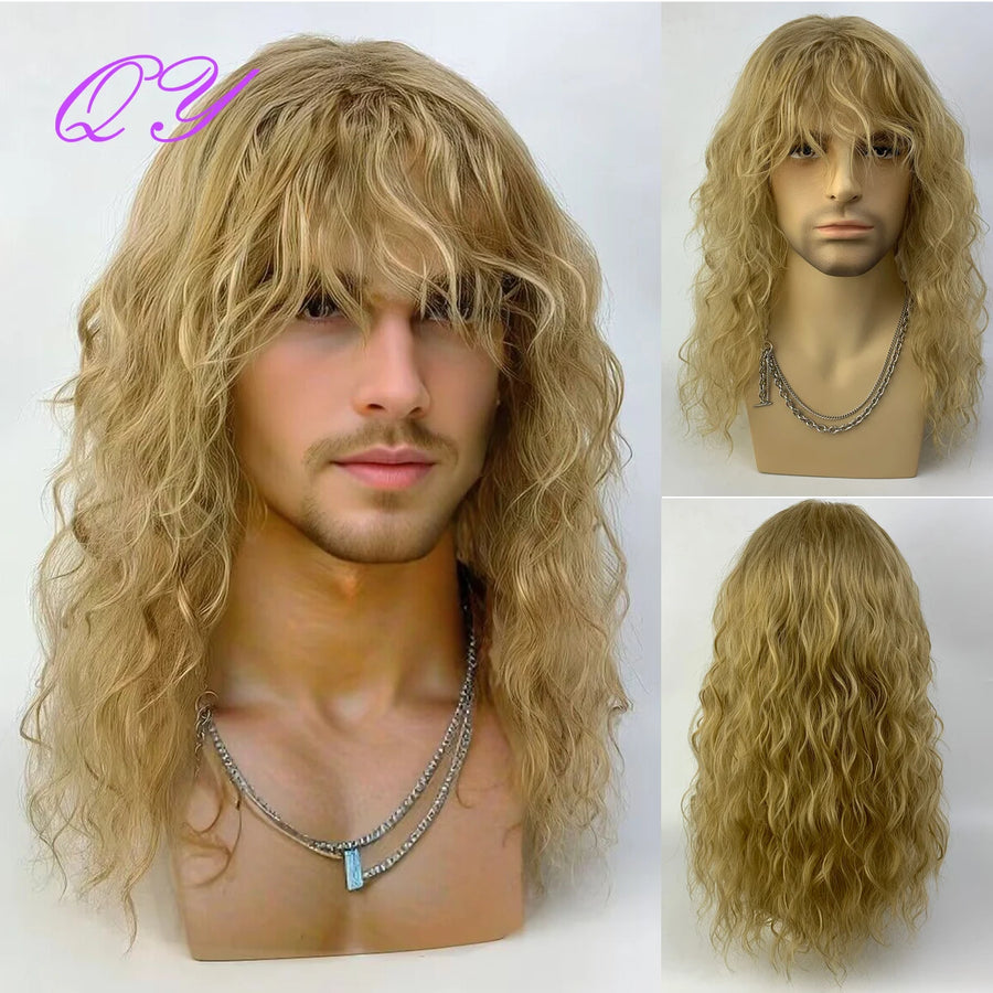 Men’s long curly 80s rocker costume wig with bangs