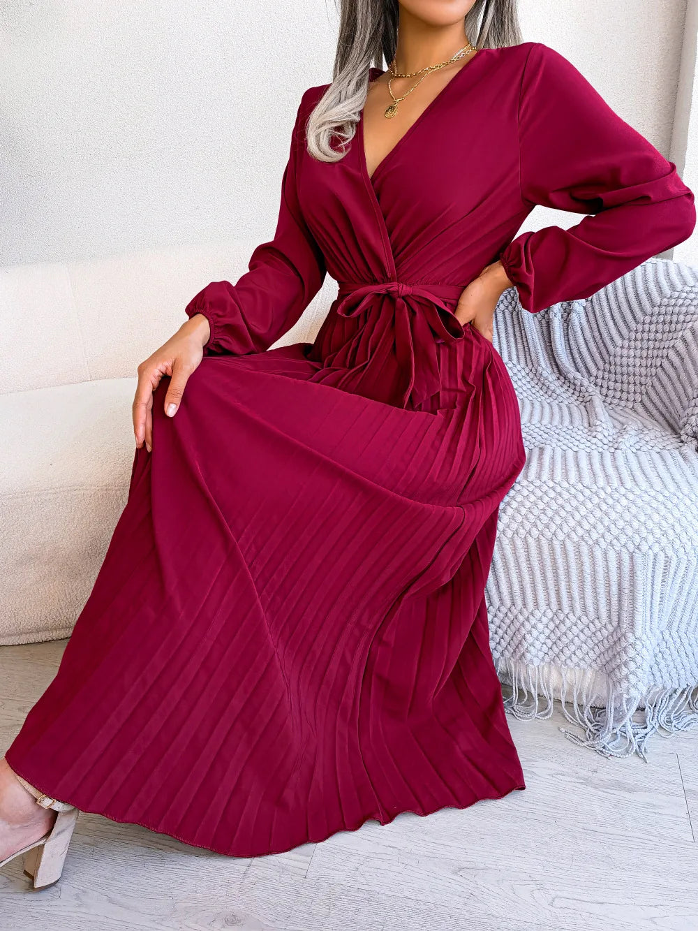 Women’s Pleated V-Neck Maxi Dress – Long Sleeve, Belted Waist