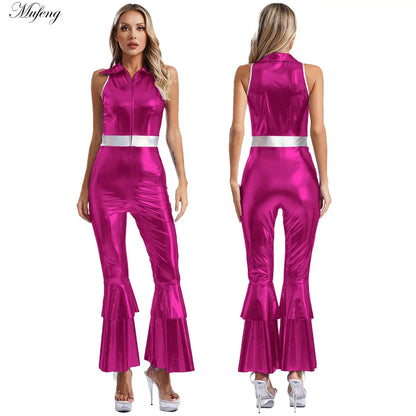 Women’s 70s Metallic Disco Jumpsuit – Sleeveless High – Waist Flared Costume – Blue – S