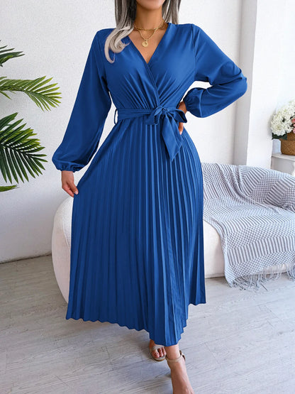 Women’s Pleated V-Neck Maxi Dress – Long Sleeve, Belted Waist
