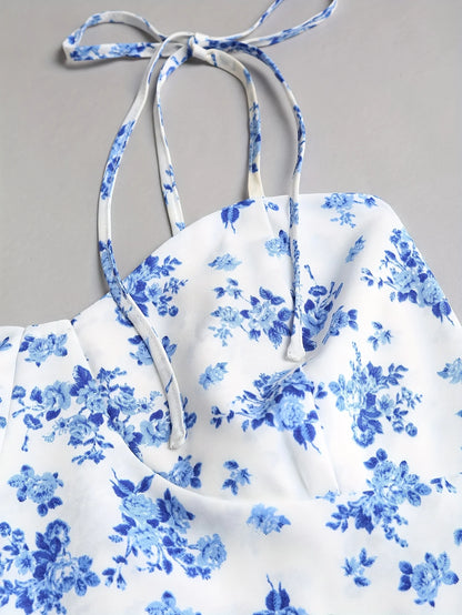 Women’s Floral A-Line Bow-Tie Dress – Sweetheart Neck, Adjustable Straps