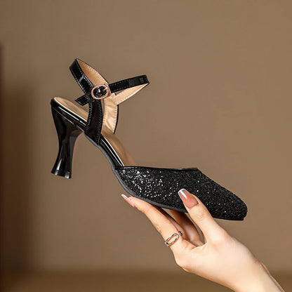 Women's Glitter Closed-Toe Kitten Heels with Ankle Strap