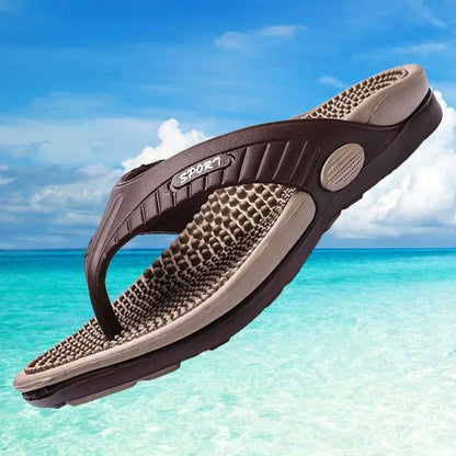 Brown sandal with textured sole on a beach background