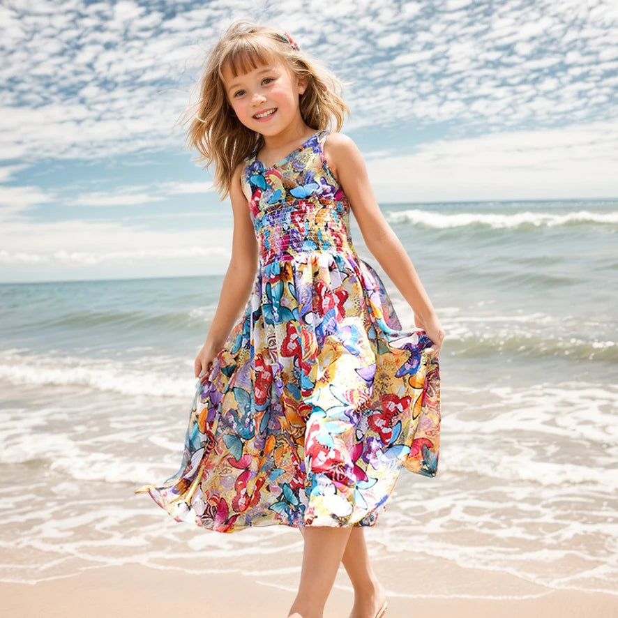 Girls’ Boho Floral Maxi Dress – Sleeveless, Beach-Ready Chiffon